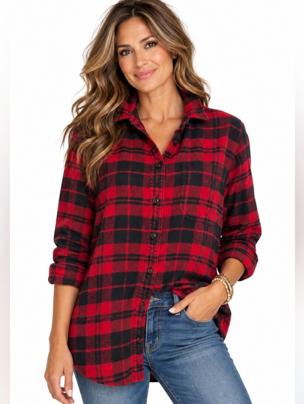 L.L.Bean Women’s M 100% Organic Cotton Flannel Shirt Red Black Plaid Button Up - Picture 2 of 15